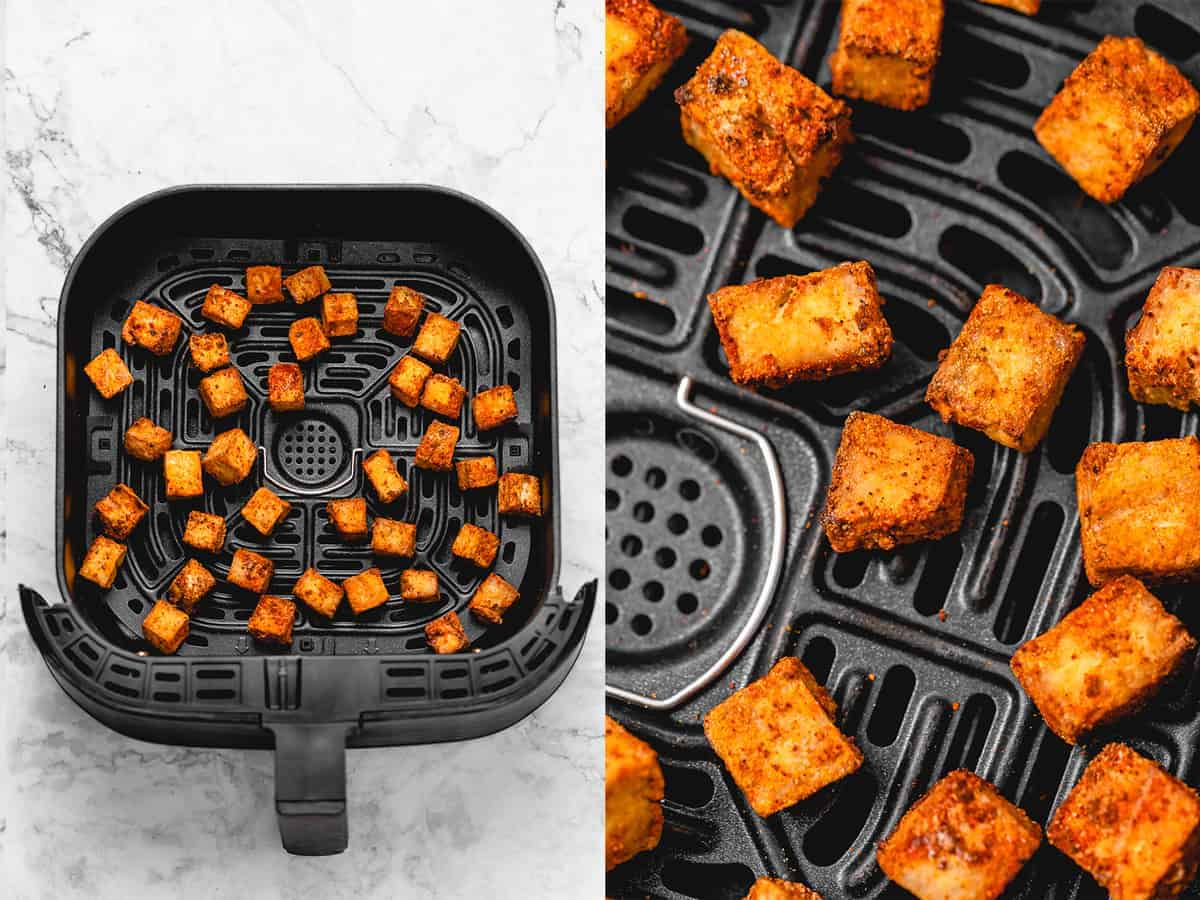 cooked air fryer tofu on air fryer tray side by side